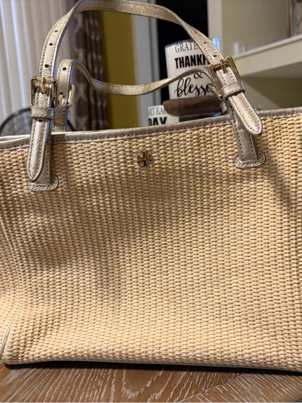 Tory Burch Natural Woven Tote with Metallic Gold Trim